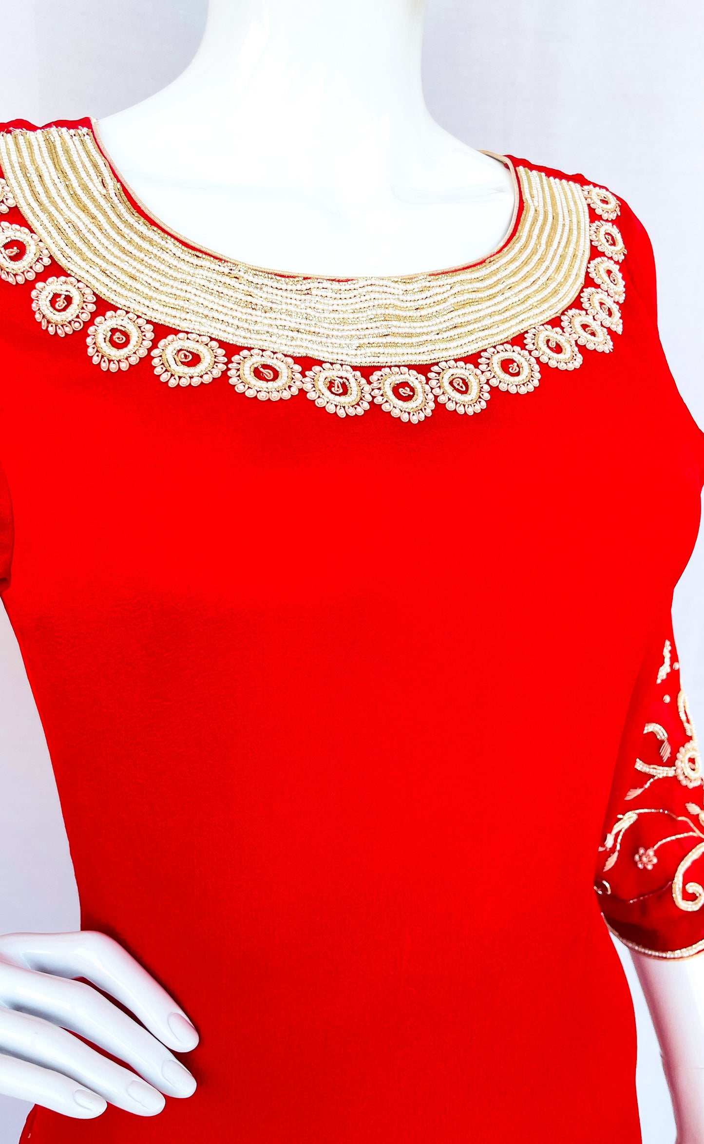 Red and White Garara Suit with pearl Zardosi Hand embroidery Pure Georgette Sharara