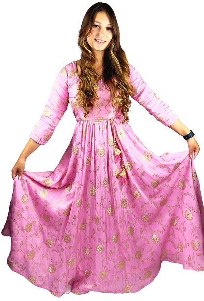 Long Pink Dress Silk Dress, Partywear Floor Length Dress with Golden embroidery