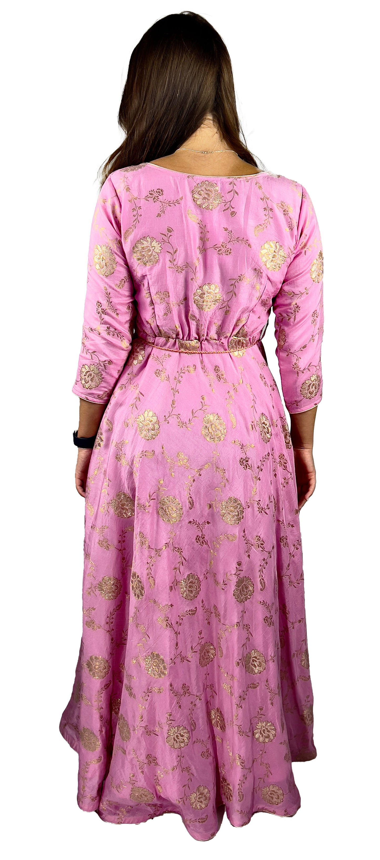 Long Pink Dress Silk Dress, Partywear Floor Length Dress with Golden embroidery