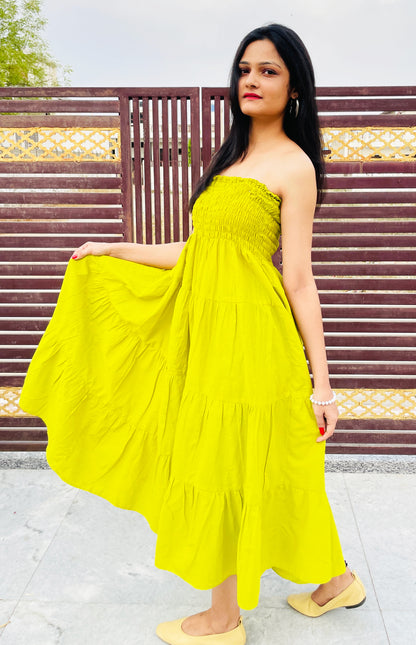 Lime Green Tiered Dress Shirred flexible broad band, Gathered, Summer Dresses Pure Cotton Voile