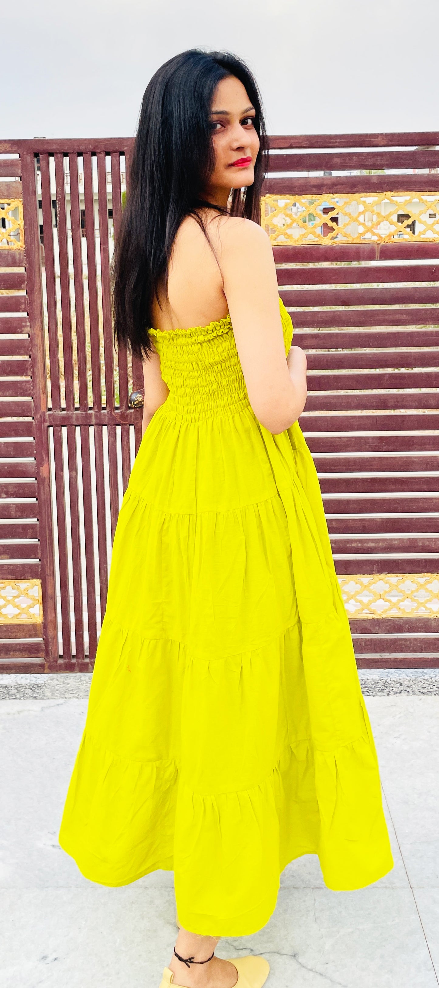 Lime Green Tiered Dress Shirred flexible broad band, Gathered, Summer Dresses Pure Cotton Voile