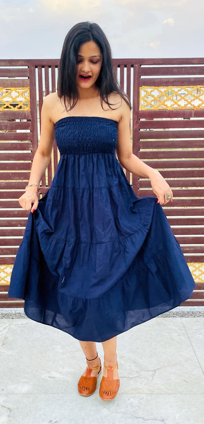 Navy Blue Tiered Dress Shirred flexible broad band, Gathered, Summer Dresses Pure Cotton Voile