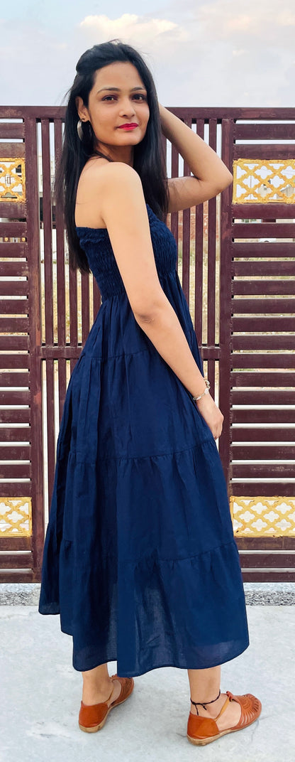 Navy Blue Tiered Dress Shirred flexible broad band, Gathered, Summer Dresses Pure Cotton Voile
