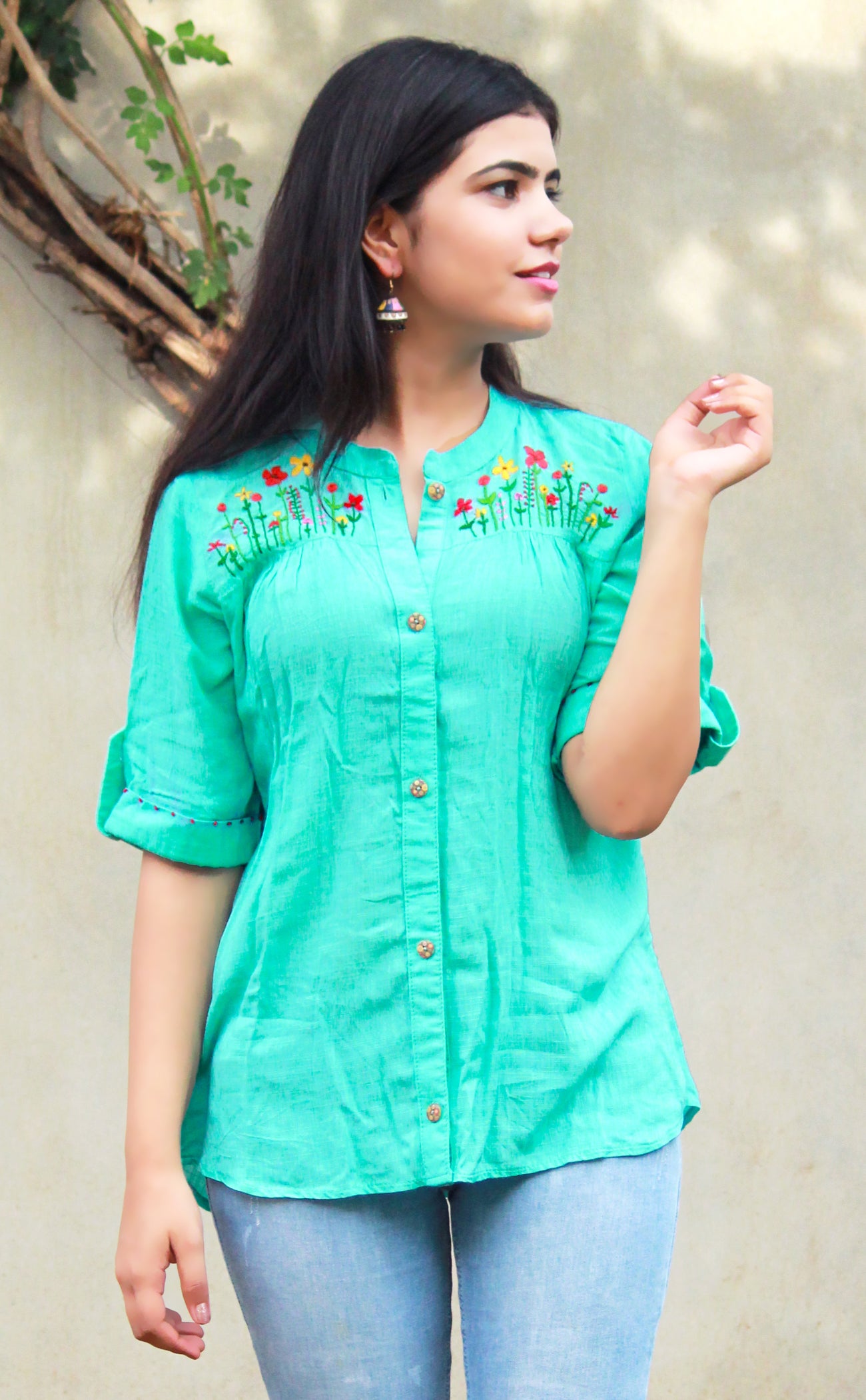 Button Up Top Sea Green Hand Embroidery Full Roll Up Sleeves Rayon Slub Shirt