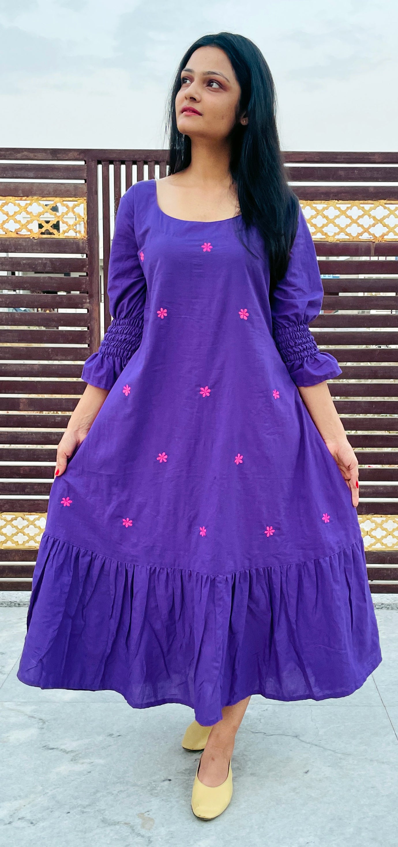 100 % Pure Voile Cotton Summer Floral Hand Embroidery Purple Lilac Lavender Color Dress