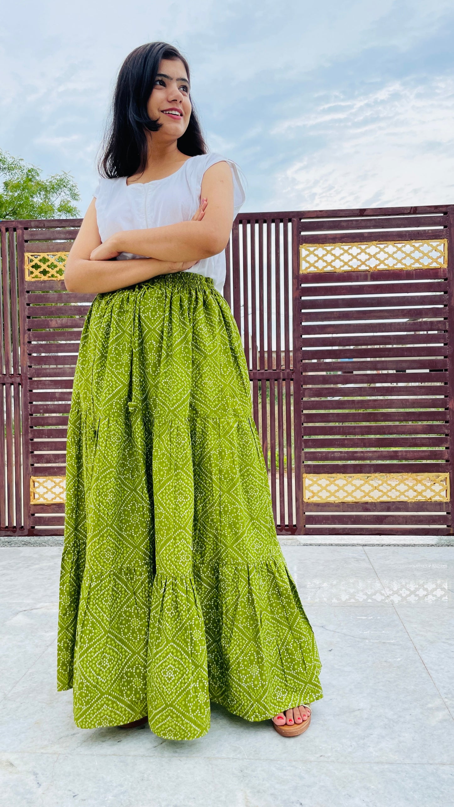 Olive Green Pure Cotton Flared Skirt, Free Size