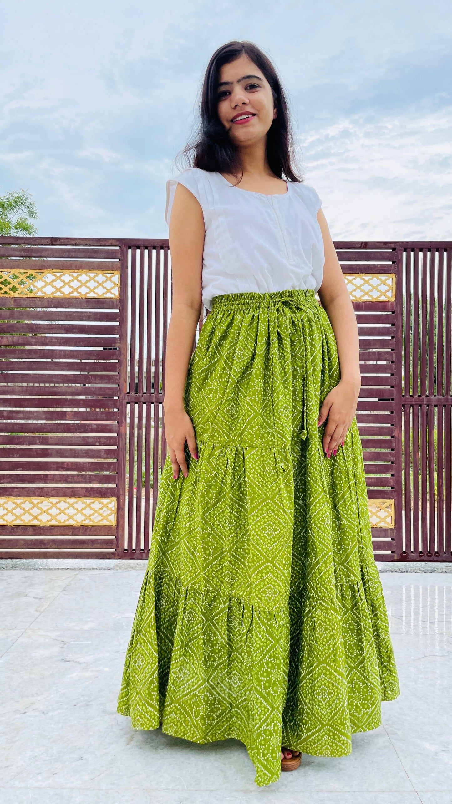 Olive Green Pure Cotton Flared Skirt, Free Size