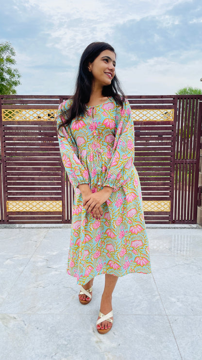 Floral Print Dress, Pink and Sea Green Dress, Full Sleeves, Pure Cotton
