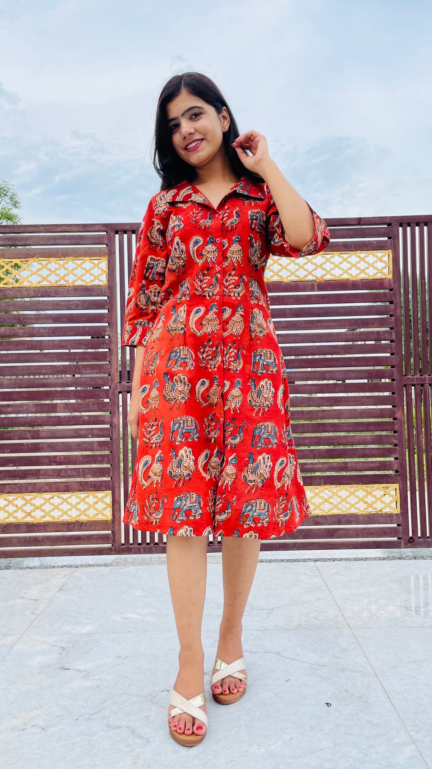 Red Block Printed, Button Up Dress, Pure Cambric Cotton Fabric