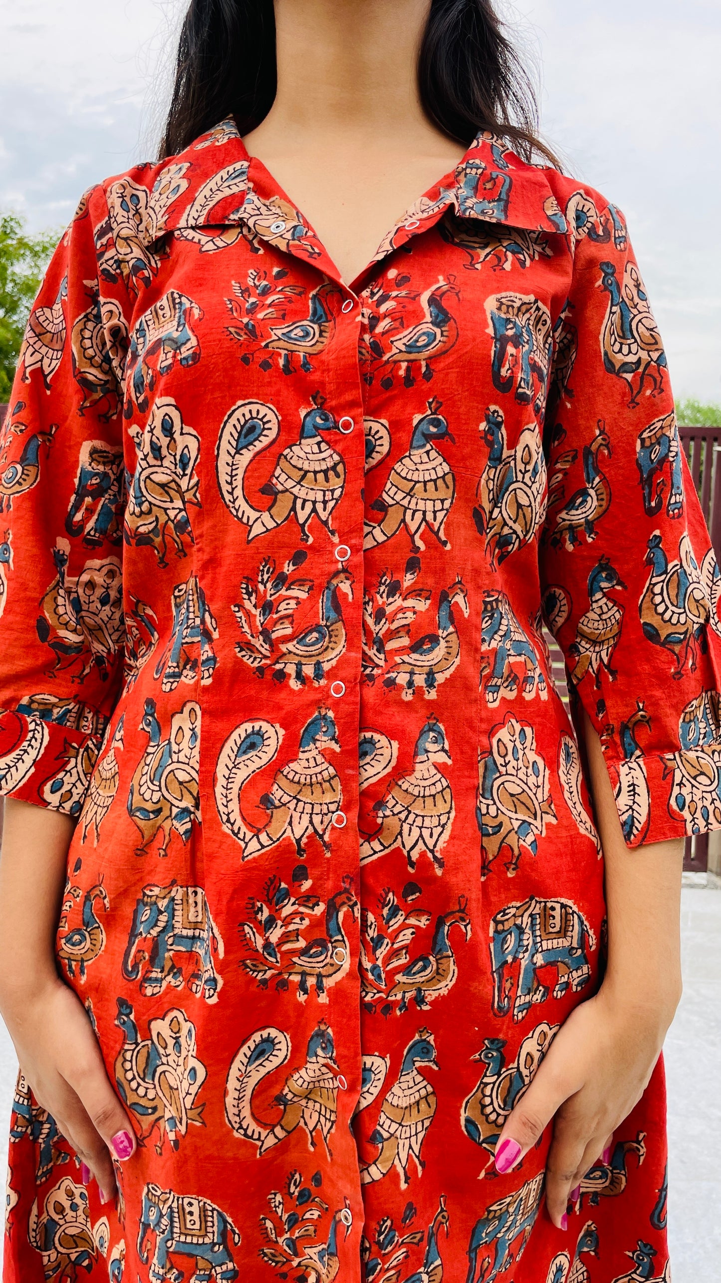 Red Block Printed, Button Up Dress, Pure Cambric Cotton Fabric