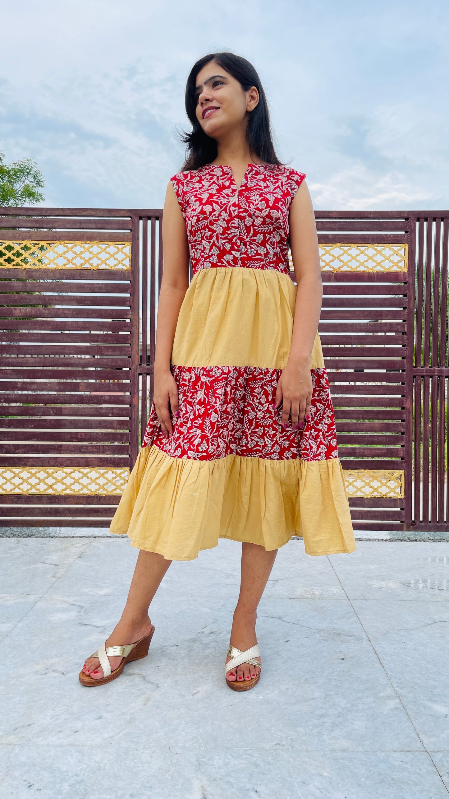 Red - Yellow Leaf print Tiered Dress Pure Cotton Fabric