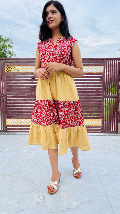 Red - Yellow Leaf print Tiered Dress Pure Cotton Fabric