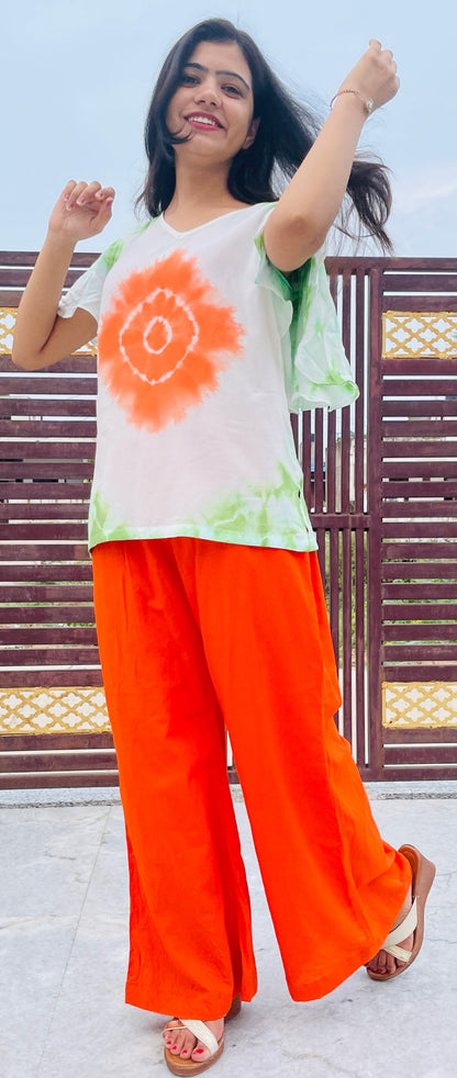 Hand Tie Dye Rayon Top, Orange Green White Color Butterfly Sleeves Top