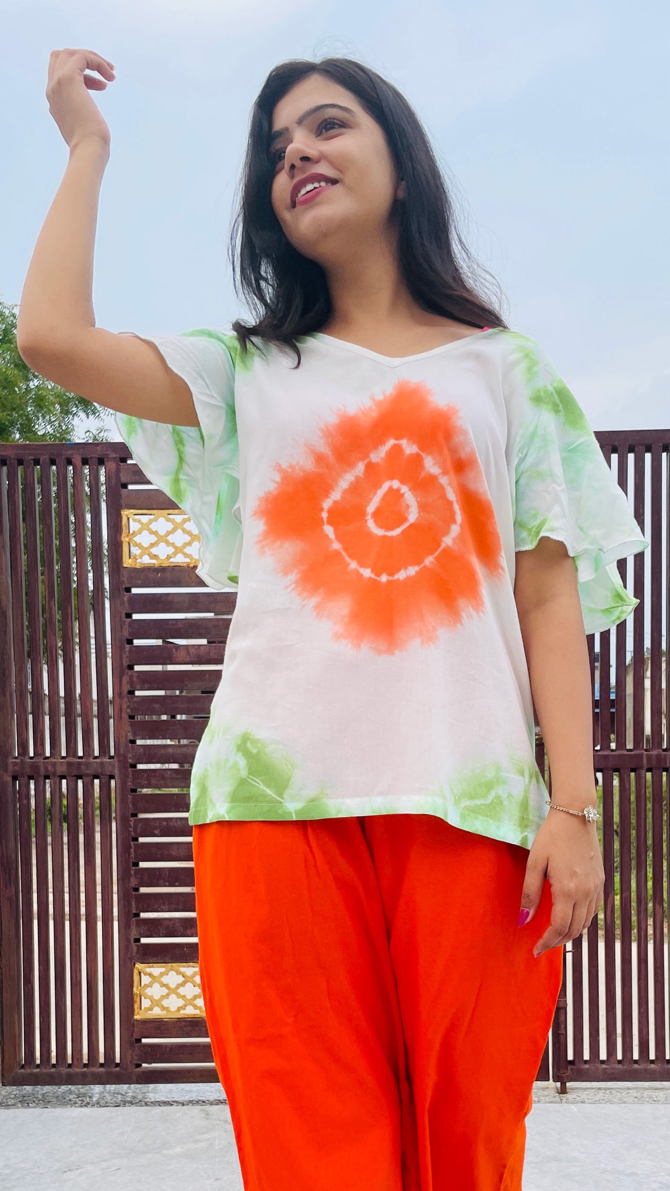 Hand Tie Dye Rayon Top, Orange Green White Color Butterfly Sleeves Top