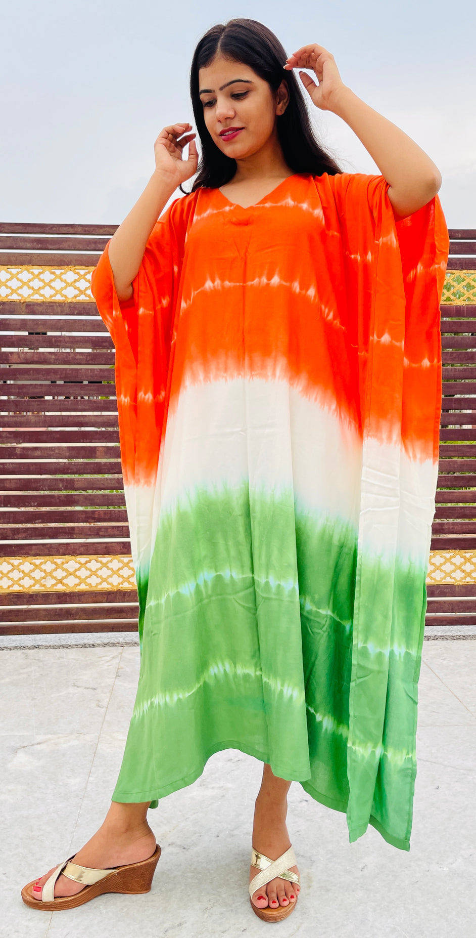 Hand Tie Dye Rayon Kaftan Dress, TriColor