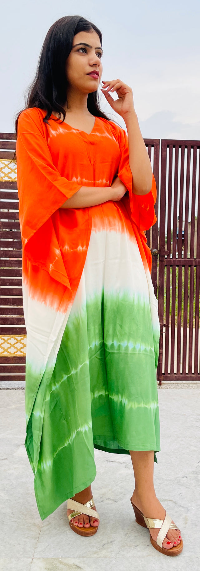 Hand Tie Dye Rayon Kaftan Dress, TriColor