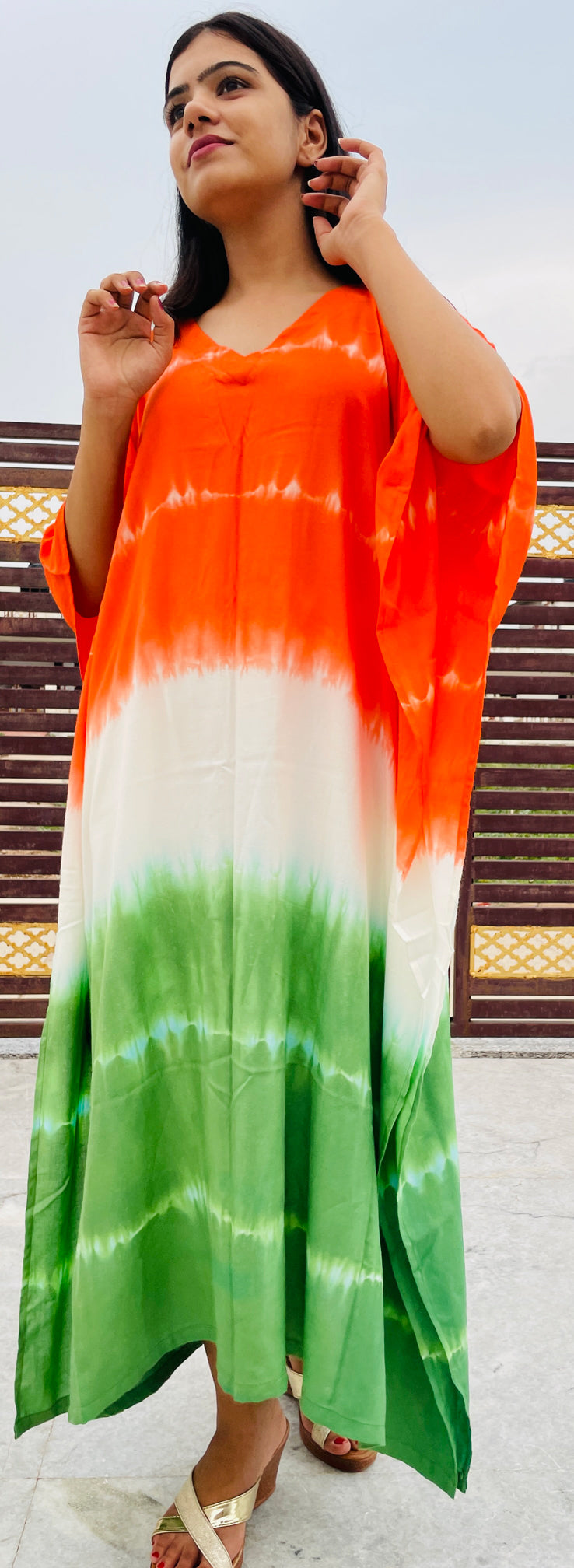 Hand Tie Dye Rayon Kaftan Dress, TriColor