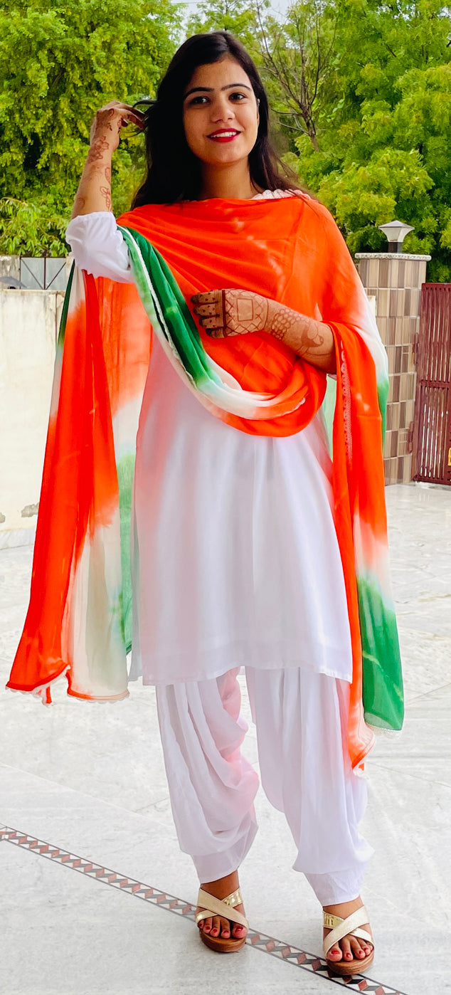 Tricolor Dupatta, Pure Chinon, Hand Tie -Dye, with White Fan Border