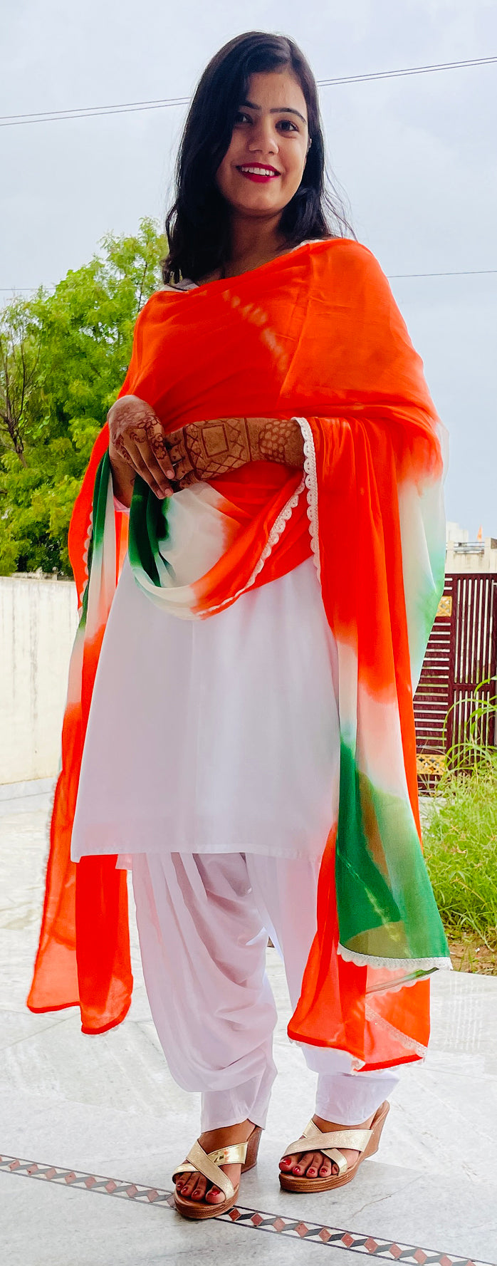 Tricolor Dupatta, Pure Chinon, Hand Tie -Dye, with White Fan Border