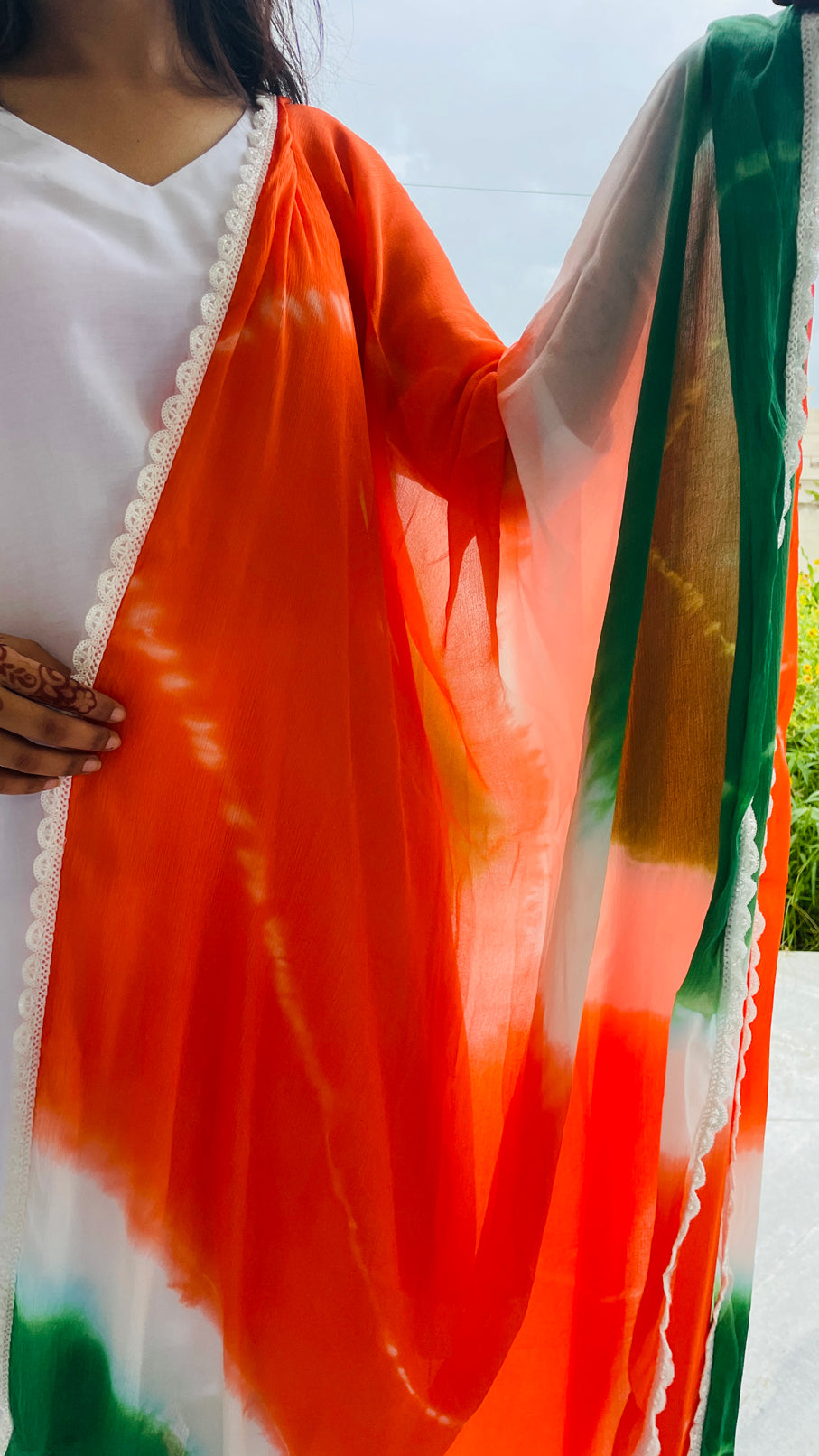 Tricolor Dupatta, Pure Chinon, Hand Tie -Dye, with White Fan Border