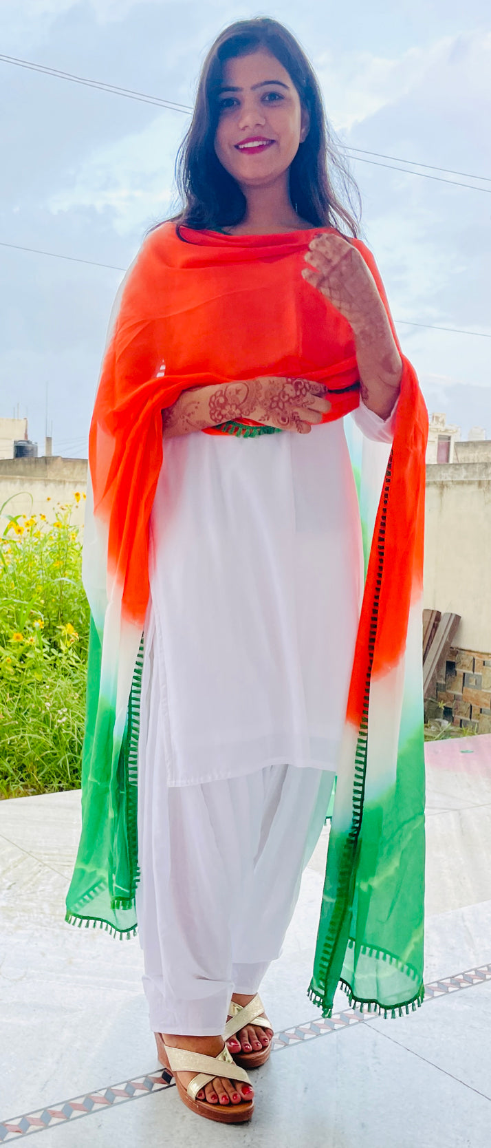 Tricolor Dupatta, Pure Chinon, Hand Tie -Dye, with Green Tassel Border