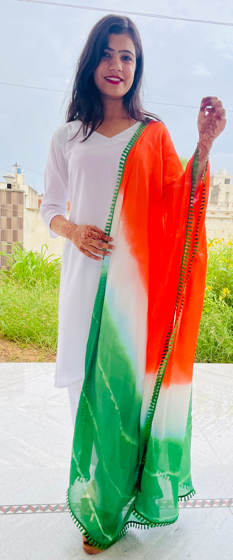 Tricolor Dupatta, Pure Chinon, Hand Tie -Dye, with Green Tassel Border