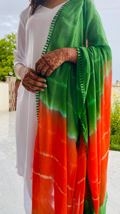 Tricolor Dupatta, Pure Mulmul(Muslin), Hand Tie -Dye, with Border