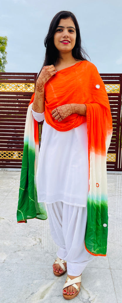 Tricolor Dupatta, Pure Chinon, Hand Tie -Dye, Mirror Work Embroidery