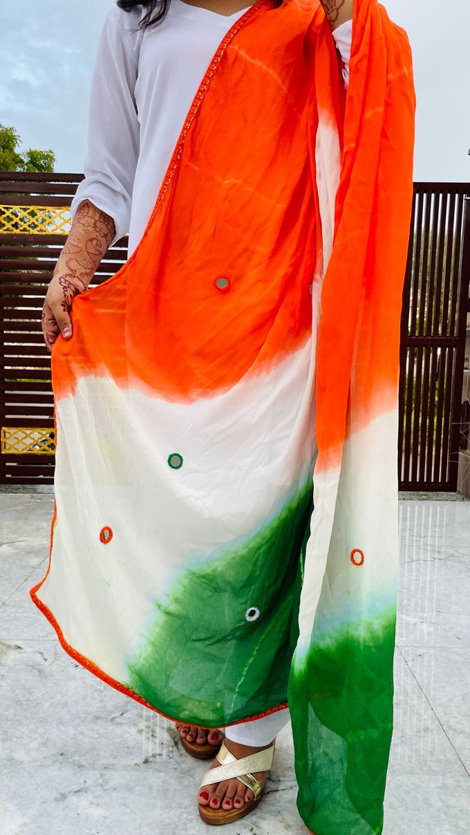 Tricolor Dupatta, Pure Chinon, Hand Tie -Dye, Mirror Work Embroidery