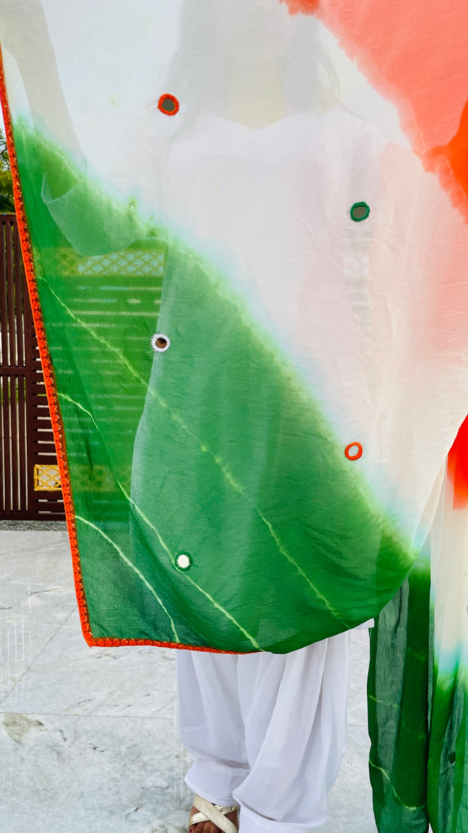 Tricolor Dupatta, Pure Chinon, Hand Tie -Dye, Mirror Work Embroidery