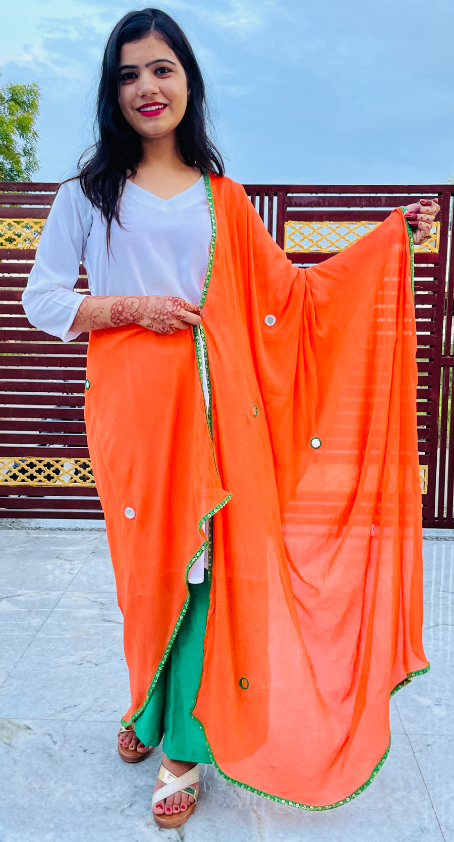 Orange Soft Shaded Silk Exclusive Designed Stitched Kurti with Dupatta Set