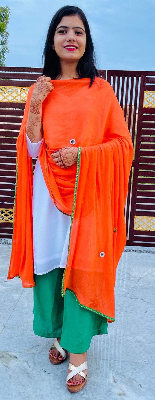 White Pure Muslin kurta. Green Palazzo, Orange Mirror Work Pure Chinon Dupatta