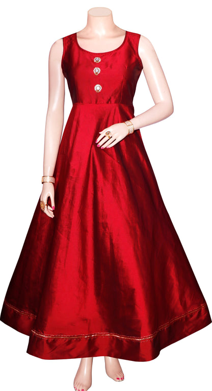 Red Pure Cotton Silk Flared Skirt Dress