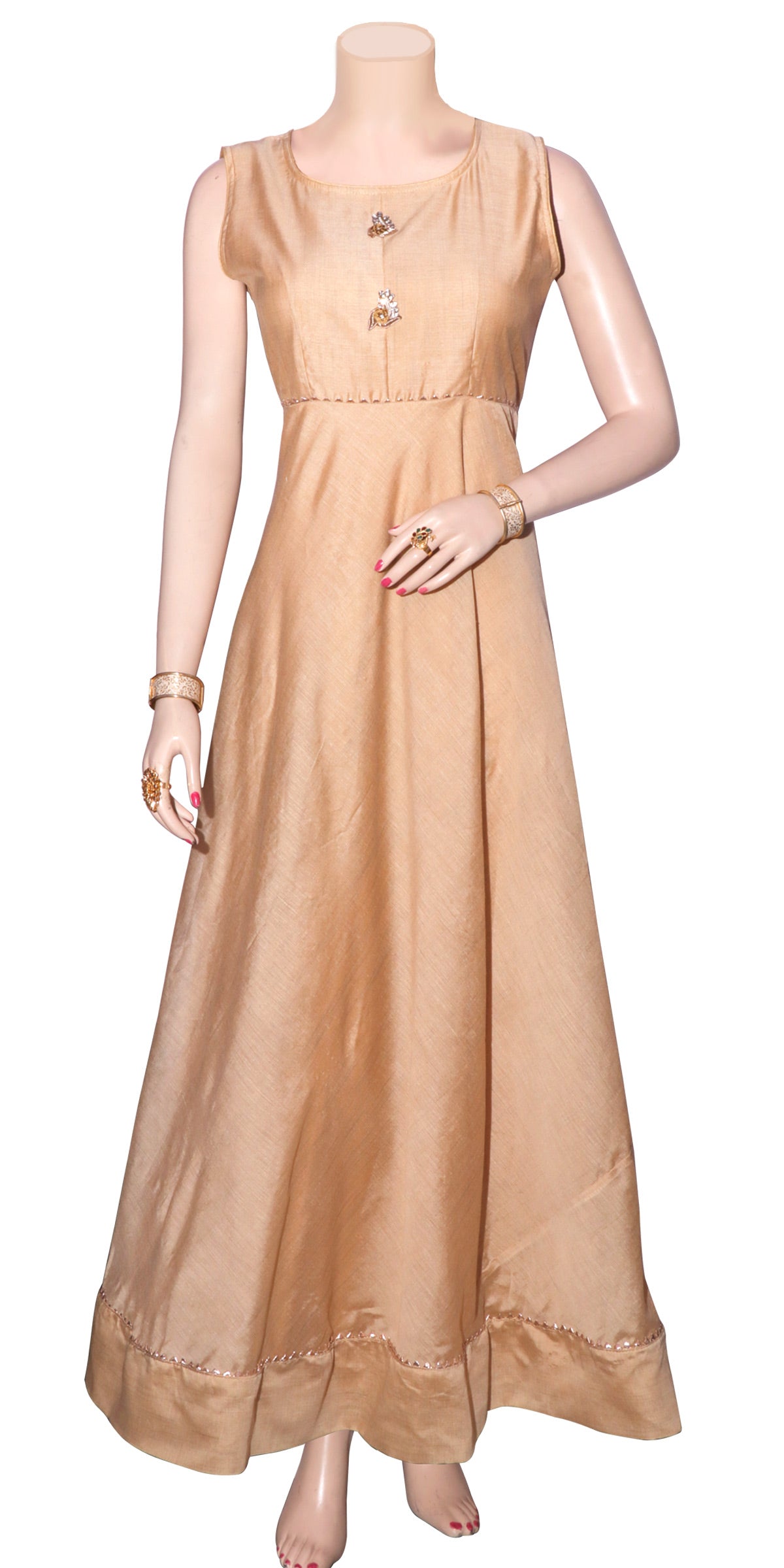 Beige Pure Cotton Silk Flared Skirt Dress