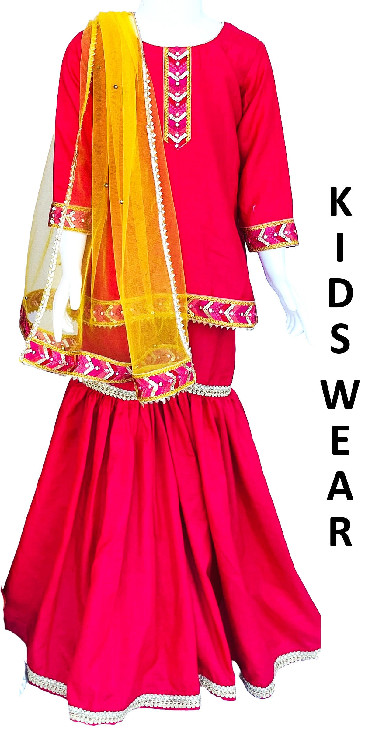 Yellow and Pink Silk Garara or Sharara Suit with Dupatta, Ethnic Kids wear