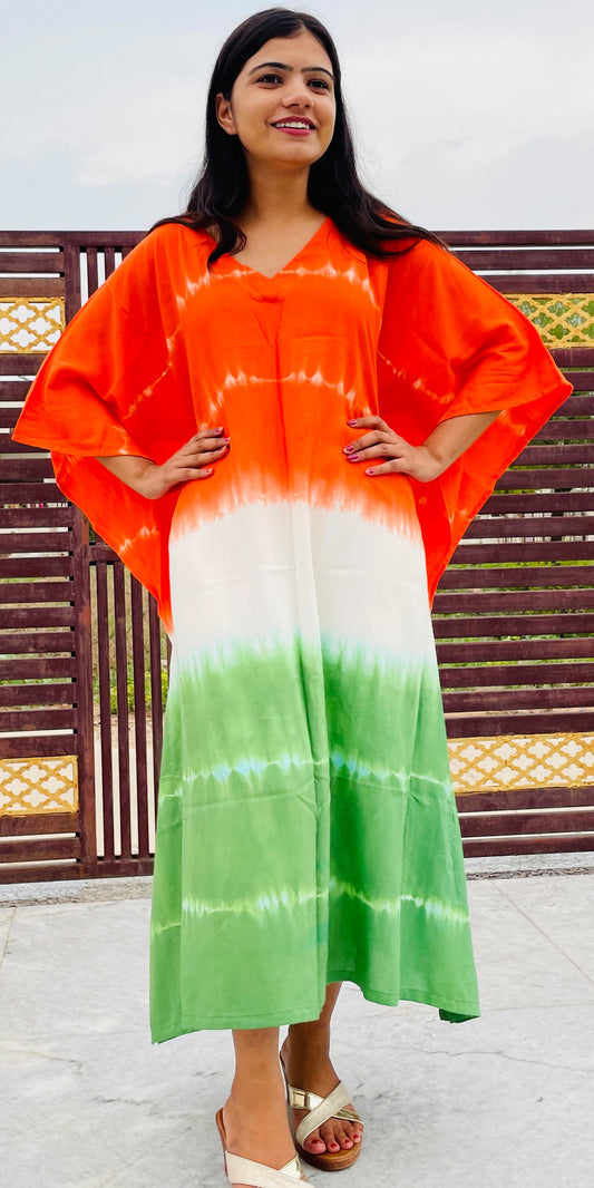 Hand Tie Dye Rayon Kaftan Dress, TriColor