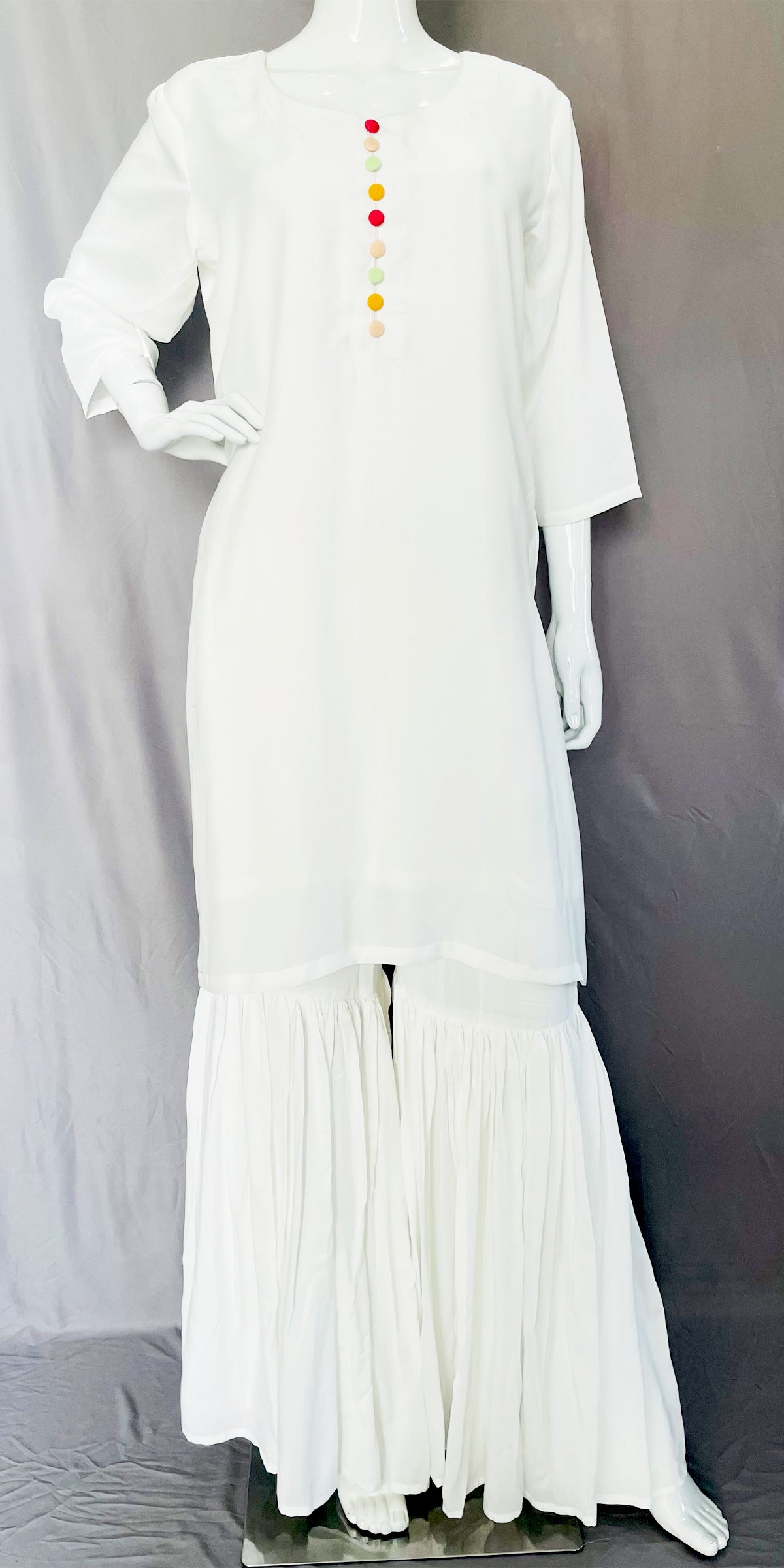 White Pure Muslin kurta Sharara With Yellow Red Tie Dye Dupatta