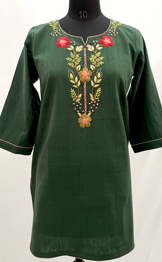 Green Long Top, Dark Green Tunic Top, Floral Embroidered Top, Yellow Flower Top, Red Floral Top, Pure Khadi Cotton Top, Handmade Khadi Cotton Top, St.Patrick Day Top, Mothers ay Top, Knee length top.