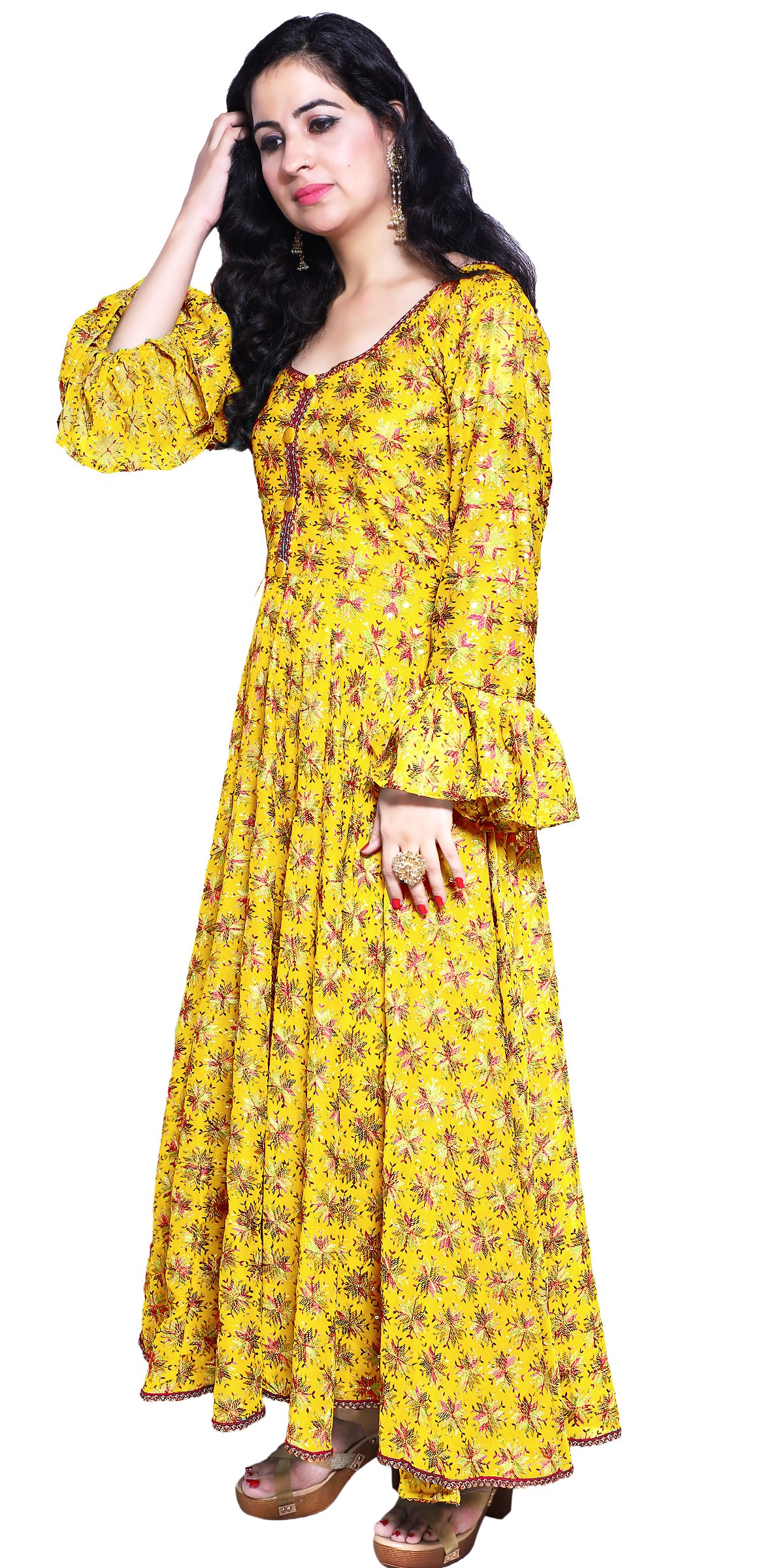 Yellow Phulkari Embroidered Long Dress