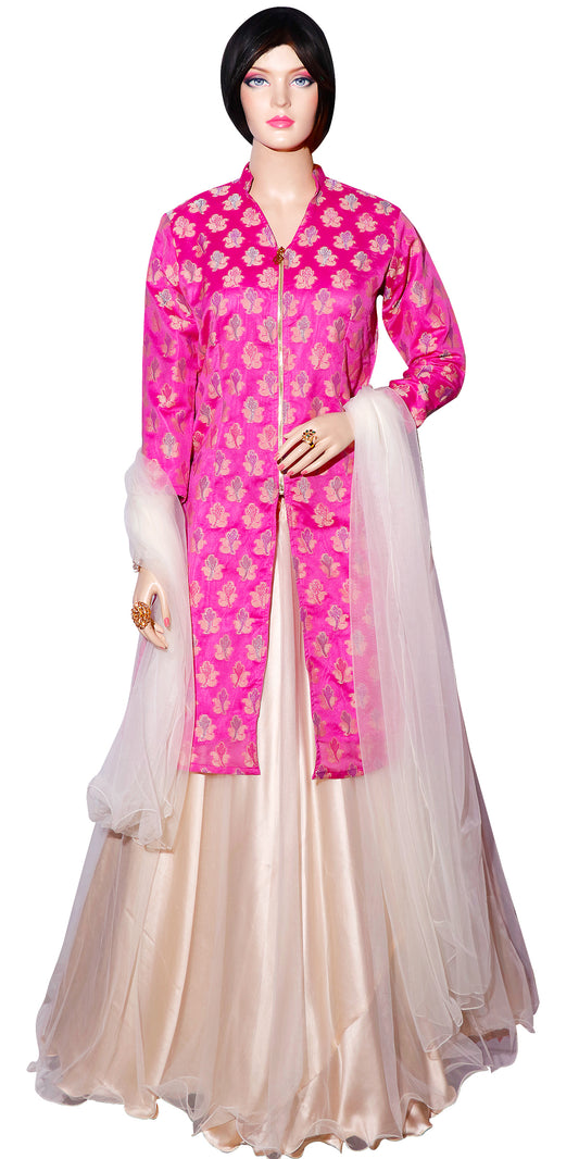 Magenta & Cream Banarasi Jacket Style Long Kurti & Lehenga Set