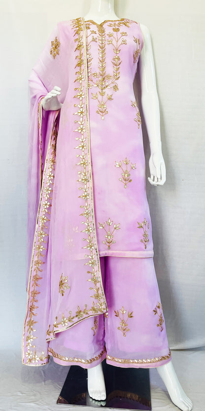 Purple Hand Tie and Dye Palazzo Suit, Purple Gota Patti Punjabi Suit, Traditional Gota Patti Work, Rajasthani traditional Gota Patti work Suit, Pink Punjabi Suit, Bridesmaid Punjabi Suit, Indian wedding wear, Golden Embrodiery Work, Palazzo suit with Embroidered Dupatta, Buta Work Hand made Flared Bottom Suit, Partywear Indian Dress