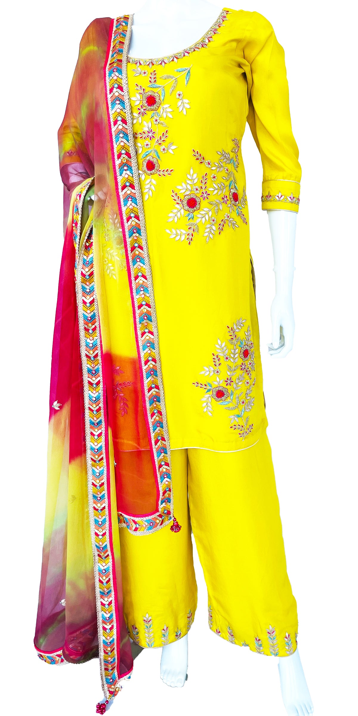 Lemon Yellow Pure Upada Silk Palazzo Suit with beautiful Handwork Embroidery