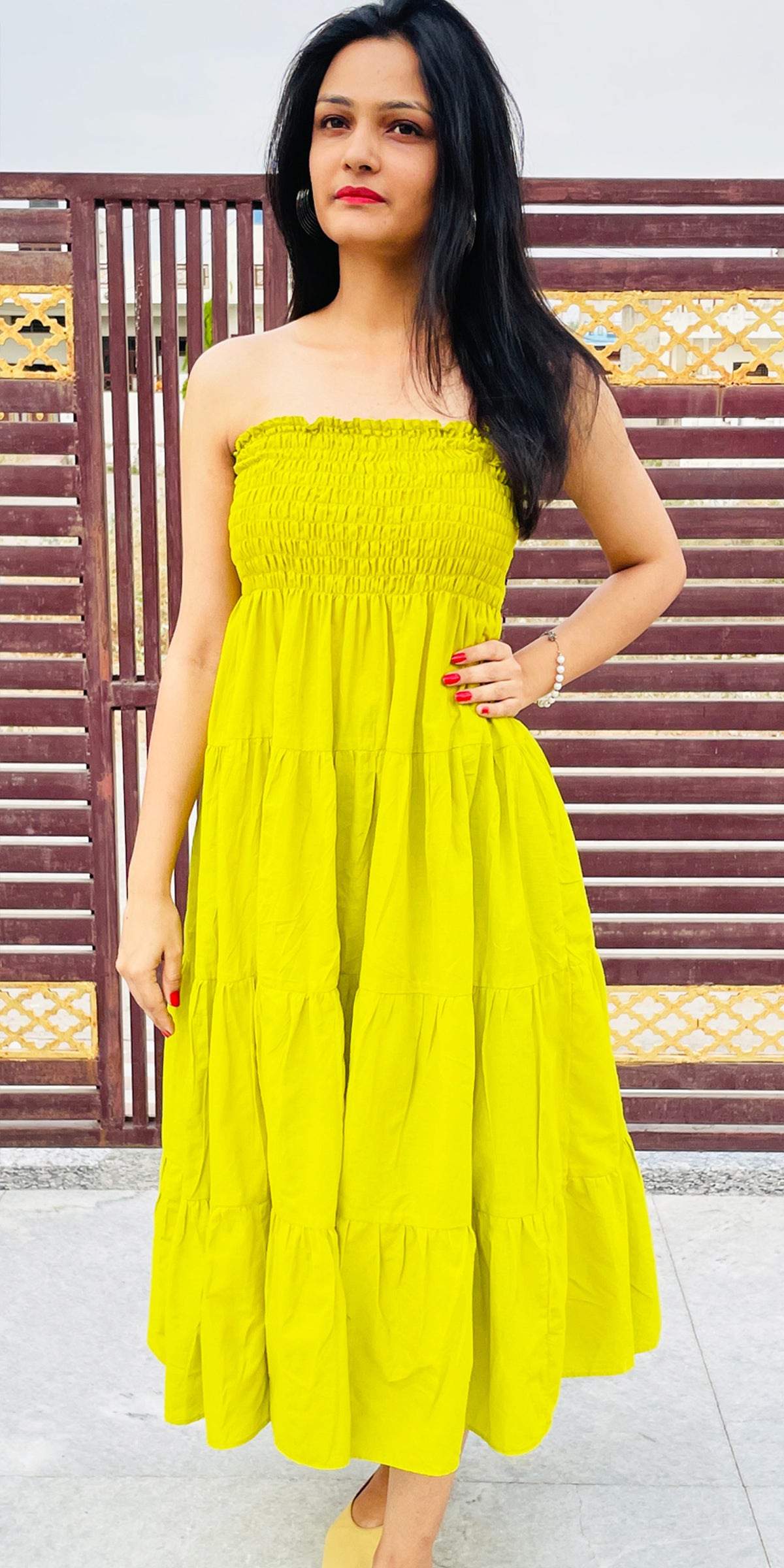 Lime Green Tiered Dress Shirred flexible broad band, Gathered, Summer Dresses Pure Cotton Voile