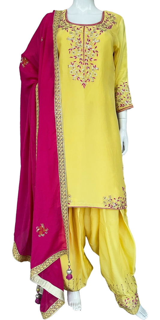 Lime Yellow Pink Hand embroidered Punjabi Patiala Salwar Suit, Pure Upada Silk Punjabi Suit