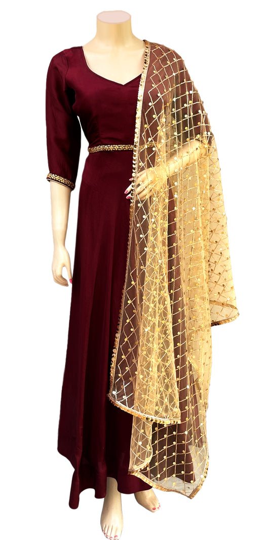 Maroon Pure Silk long dress with embroidered net dupatta