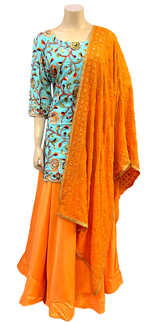 Handwork Kurti & Lehenga with embroidered Dupatta Set