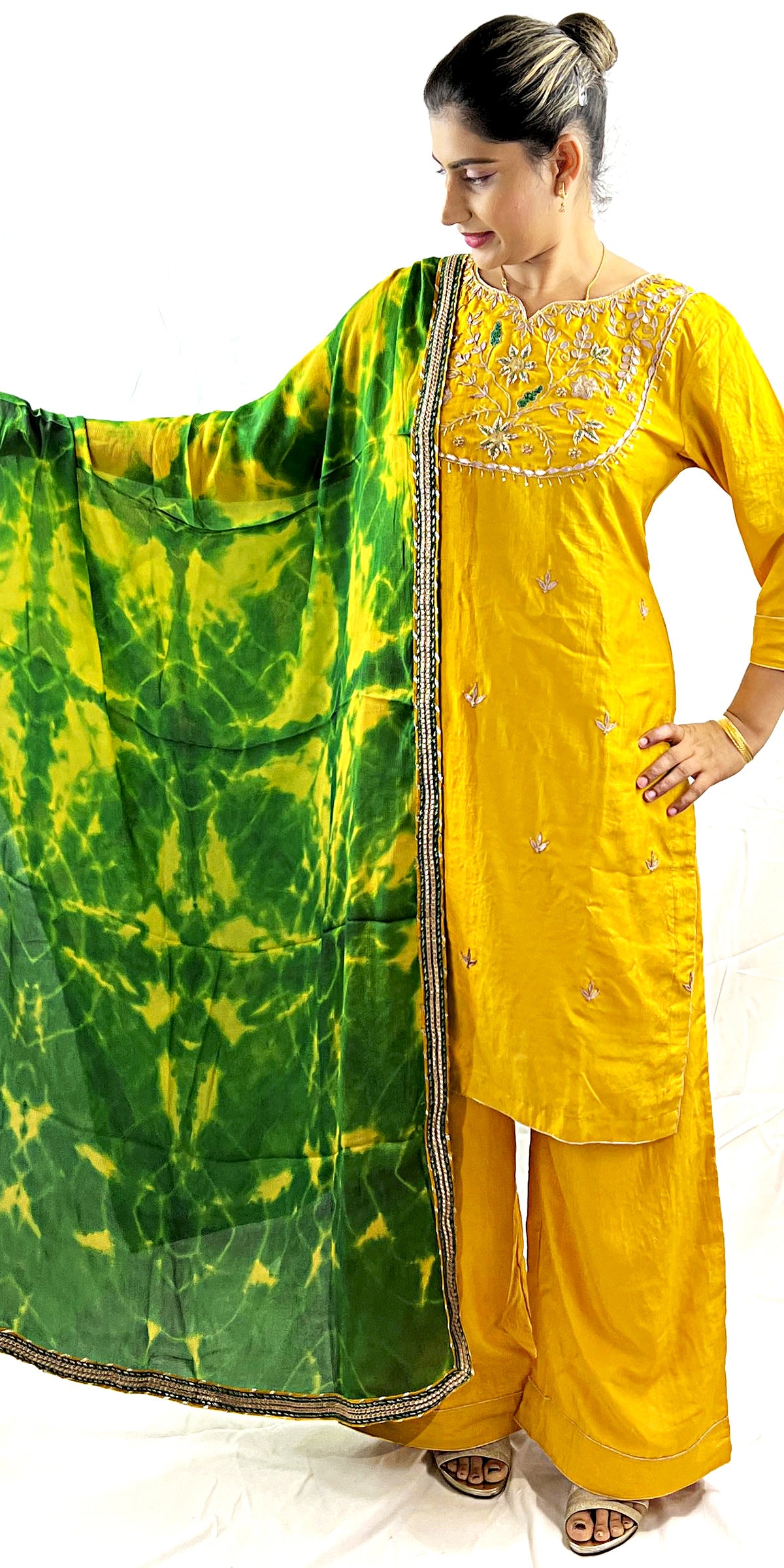 Yellow & Green color Hand Tie n Dye Georgette Fabric with Traditional Gota Patti Hand Work Long Kurti Palazzo Pants with Dupatta