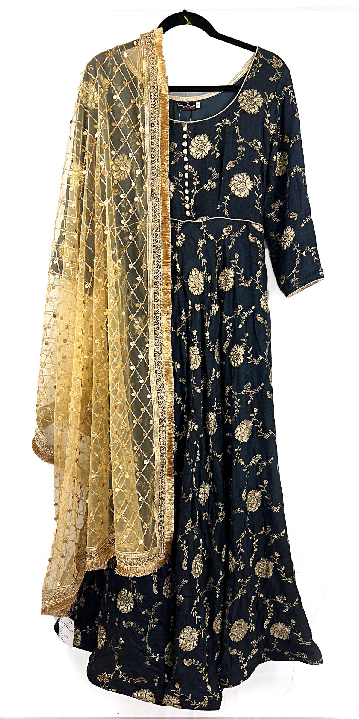 Long Black Dress Silk Dress, Partywear Floor Length Dress  with Golden Net Stole