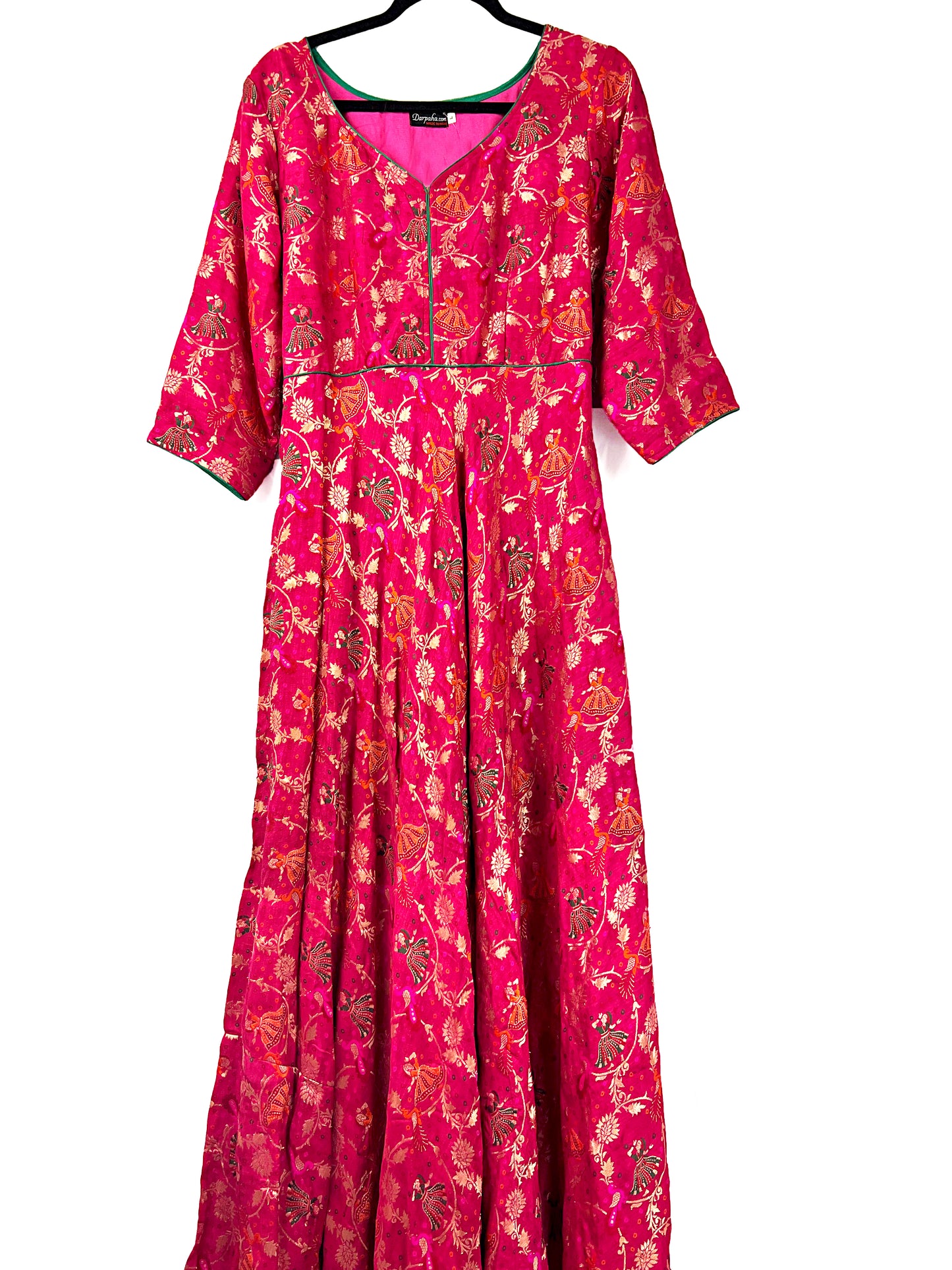 Pink Long Flared Dola Silk Dress, Gown with Unique Indian pattern
