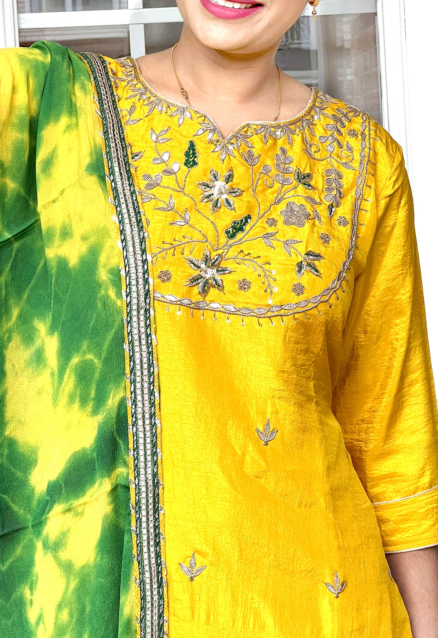 Yellow & Green color Hand Tie n Dye Georgette Fabric with Traditional Gota Patti Hand Work Long Kurti Palazzo Pants with Dupatta